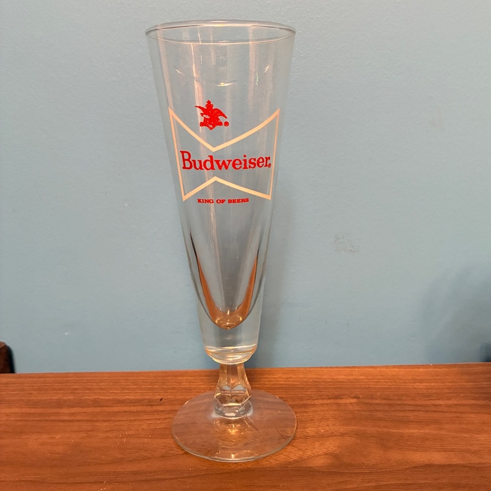 Vintage Budweiser Red and Clear Pilsner Glass bow tie footed stem glass